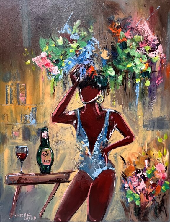 アート作品 ハイヒールと美脚　油絵　フランフラン カッシーナ ACTUS Black Woman Painting - Portrait of woman with flowers and wine