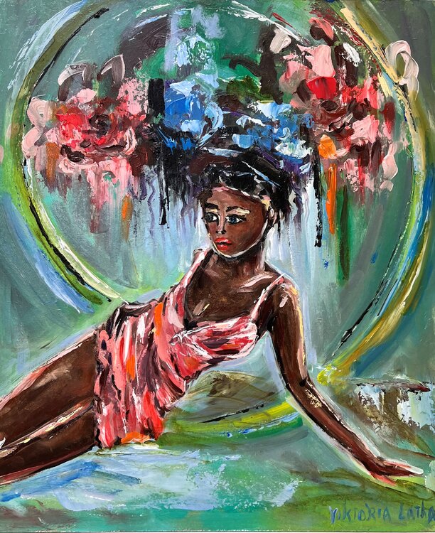 Black woman painting, female figure art, flowers woman painting