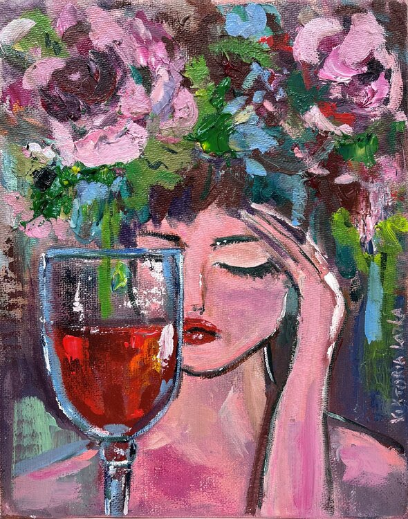 Female  portrait painting, colorful woman artwork, flower painting, wine painting, expressive figurative painting artwork, face of woman art Viktoria Latka