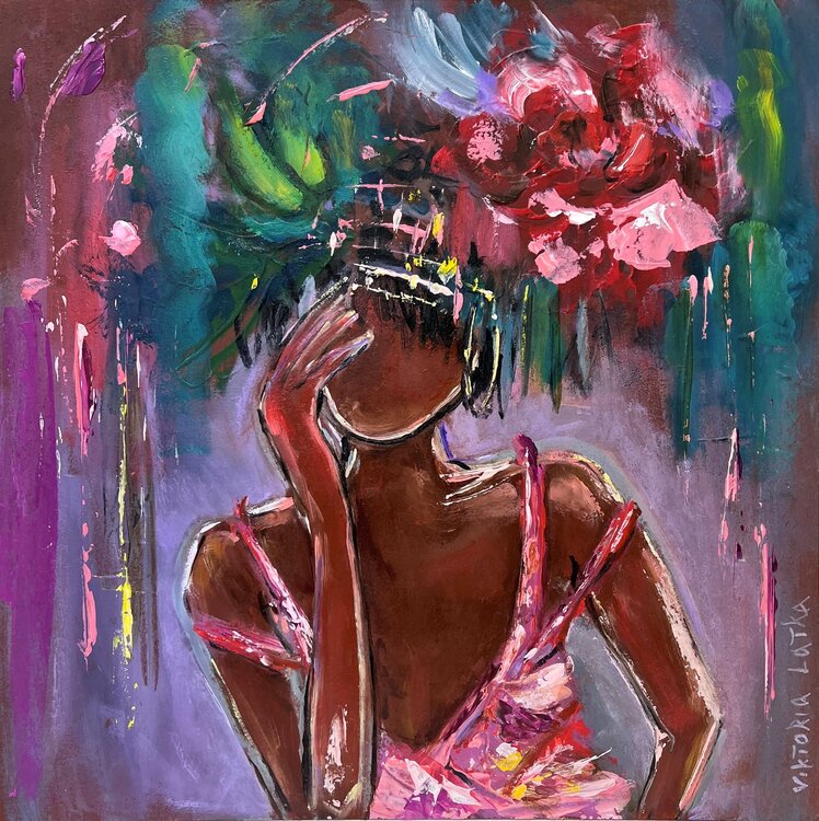 Portrait of a black woman with floral head in oil painting, faceless portrait art, dark skinned woman painting, flowers painting, figurative art Viktoria Latka