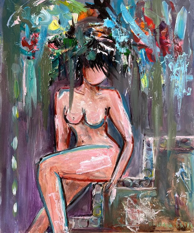 Nude woman painting, expressive floral woman artwork, portait  of woman art, figurative painting Viktoria Latka