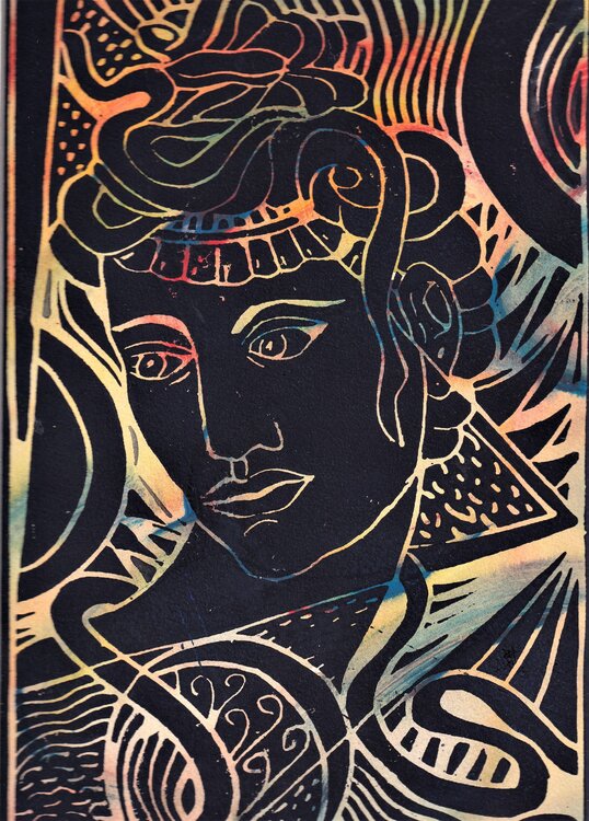 Cleopatra mit Schlangen - Linolschnitt Friedrich Kleinlein