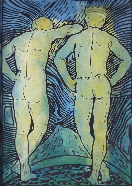 David und Jonathan - Linolschnitt Friedrich Kleinlein