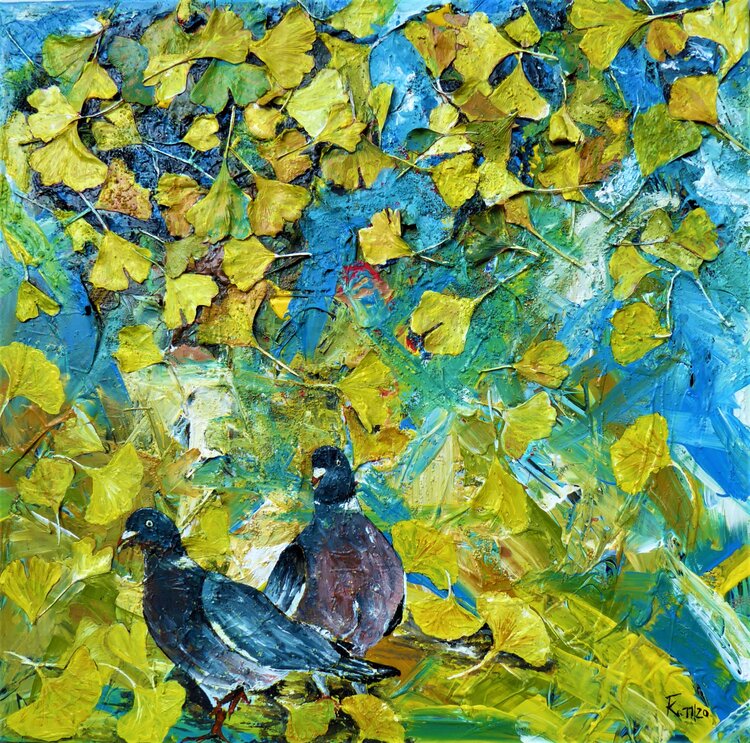 Taubenpaar mit Gingkoblättern Friedrich Kleinlein